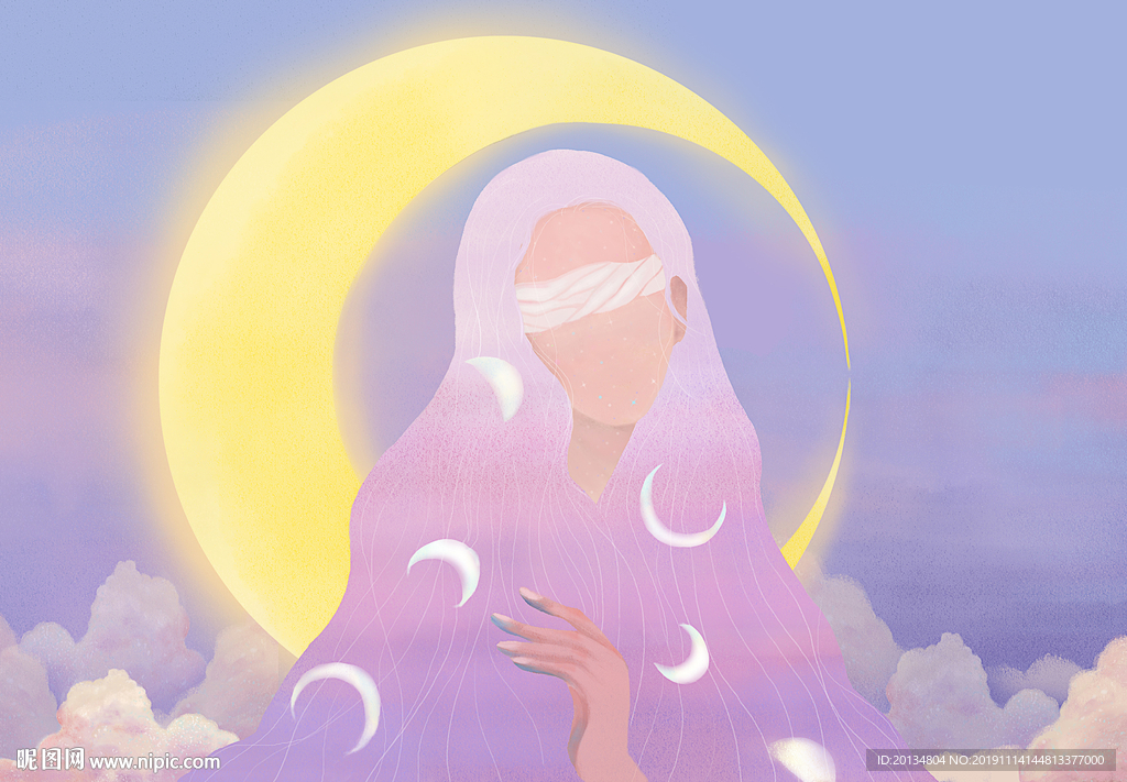 高清手绘月亮女神紫色梦幻背景墙