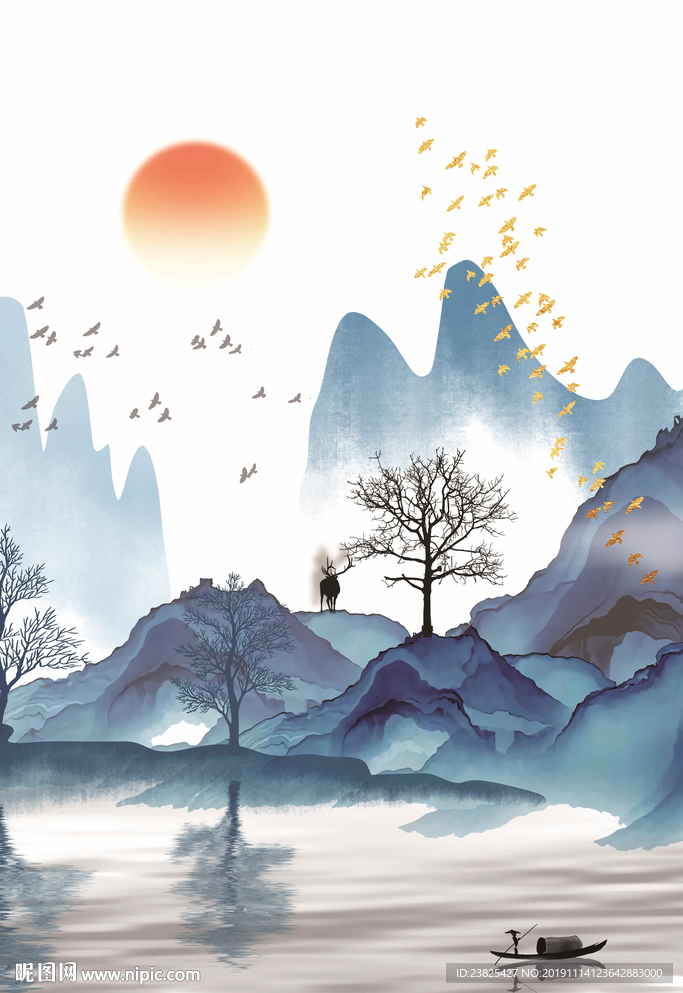 新中式抽象蓝色水墨山水意境山水