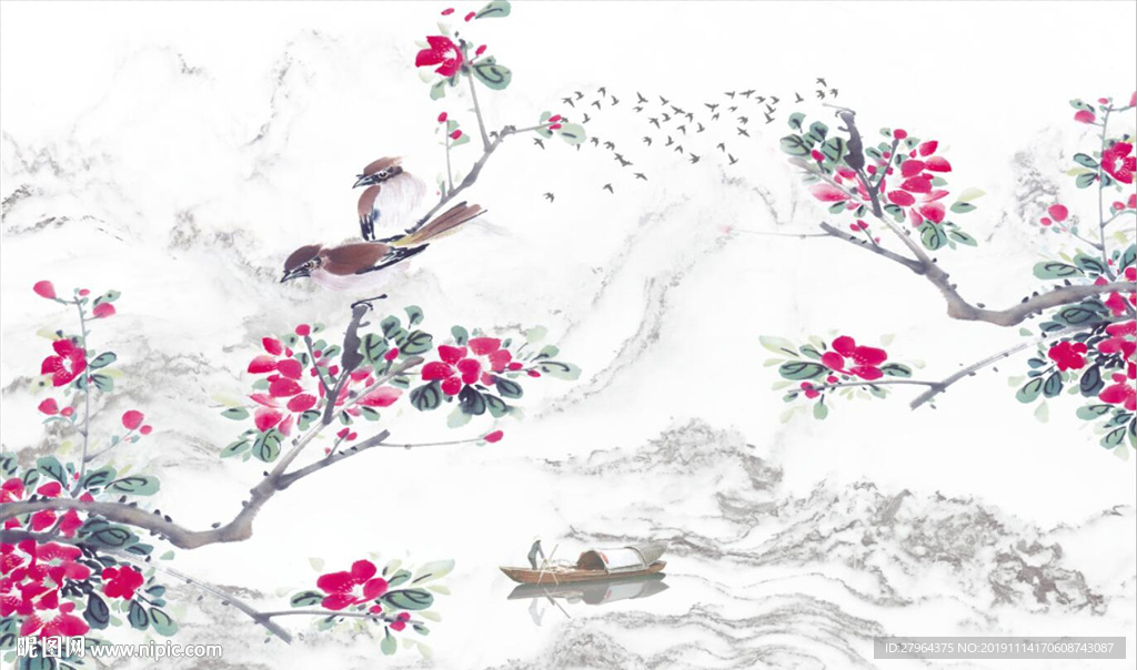 新中式工笔花鸟梅花电视背景墙