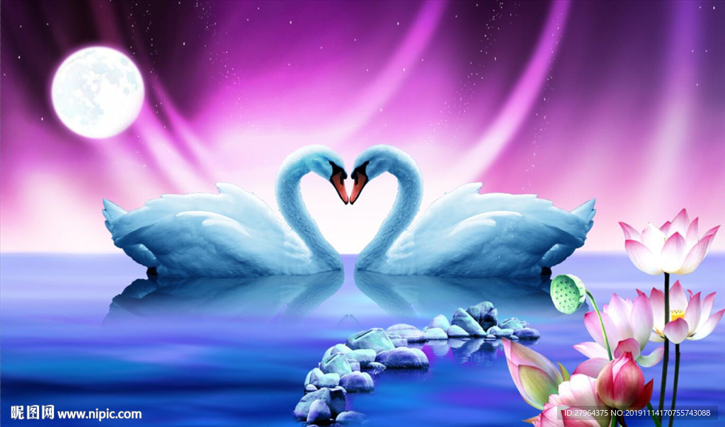 天鹅湖月亮荷花莲池暖心背景墙