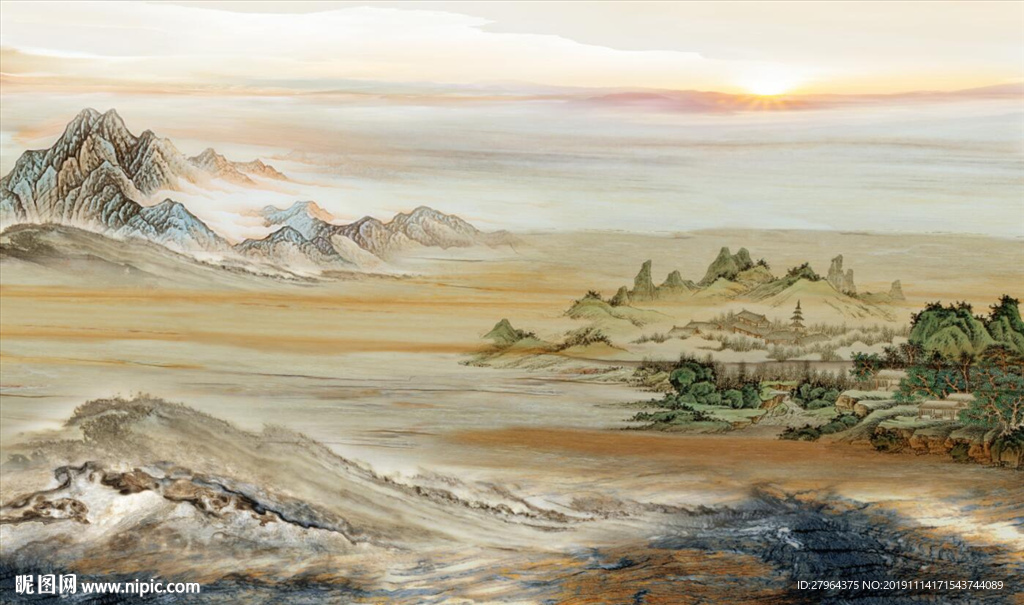 大理石纹山水花日出背景墙