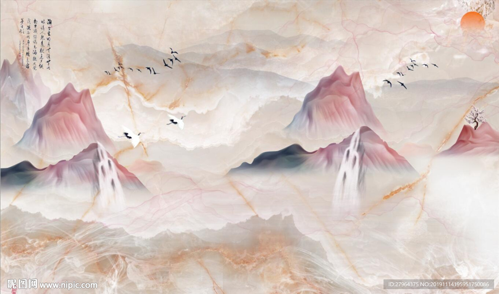 新中式唯美山水大理石背景墙