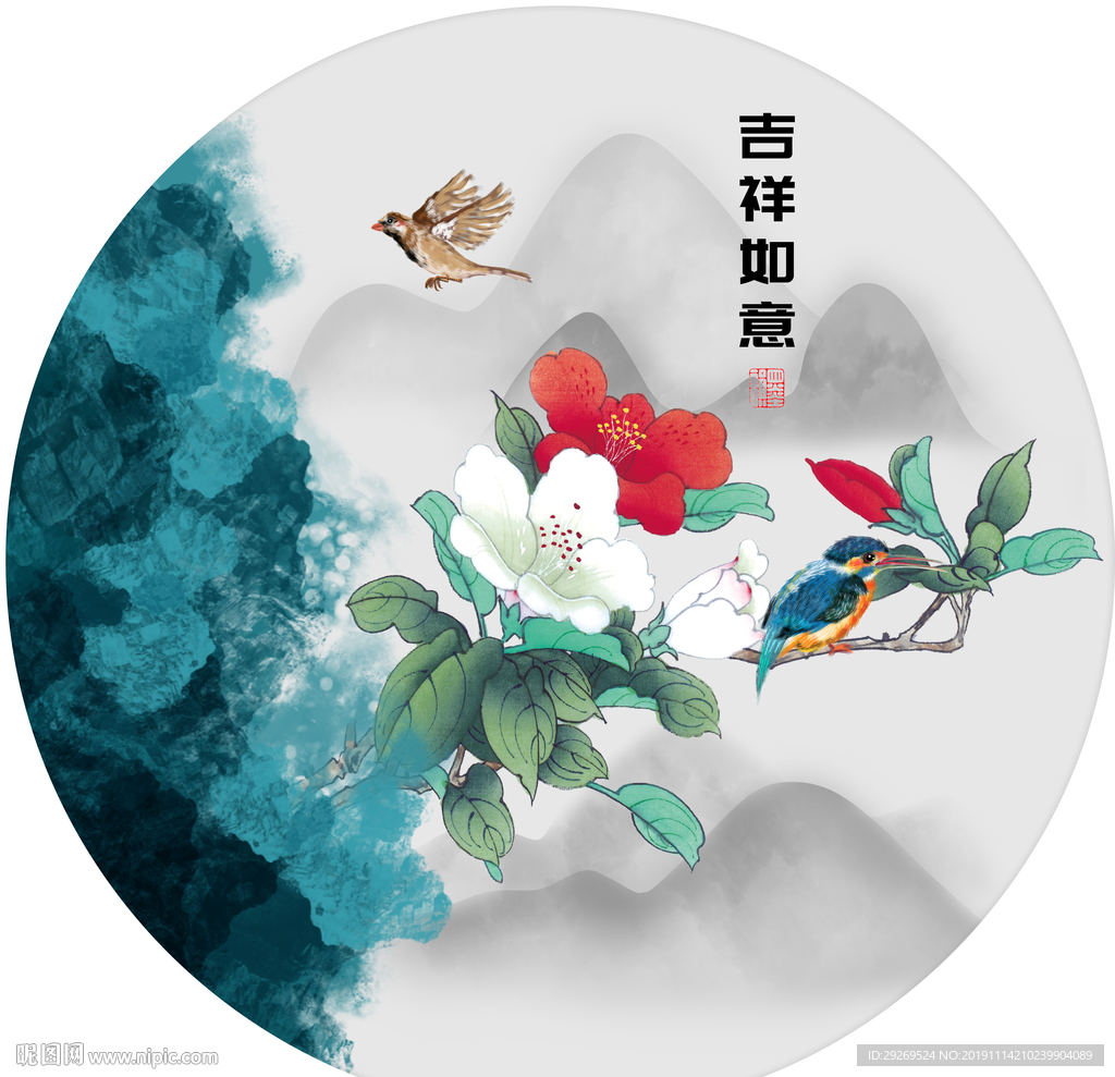 原创吉祥如意新中式手绘玉兰花鸟