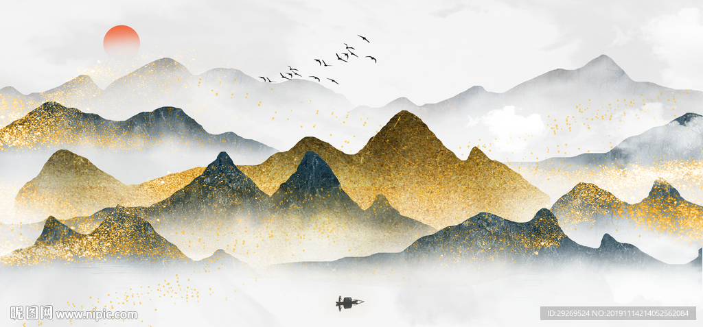 原创现代简约新中抽象金色水墨山