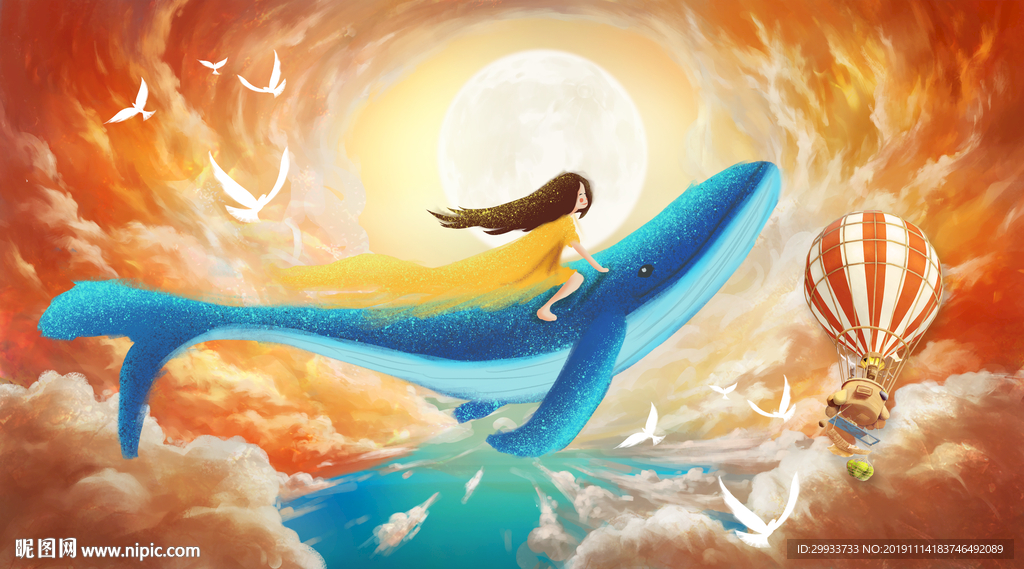 梦幻唯美天空大鱼鲸鱼月亮女孩
