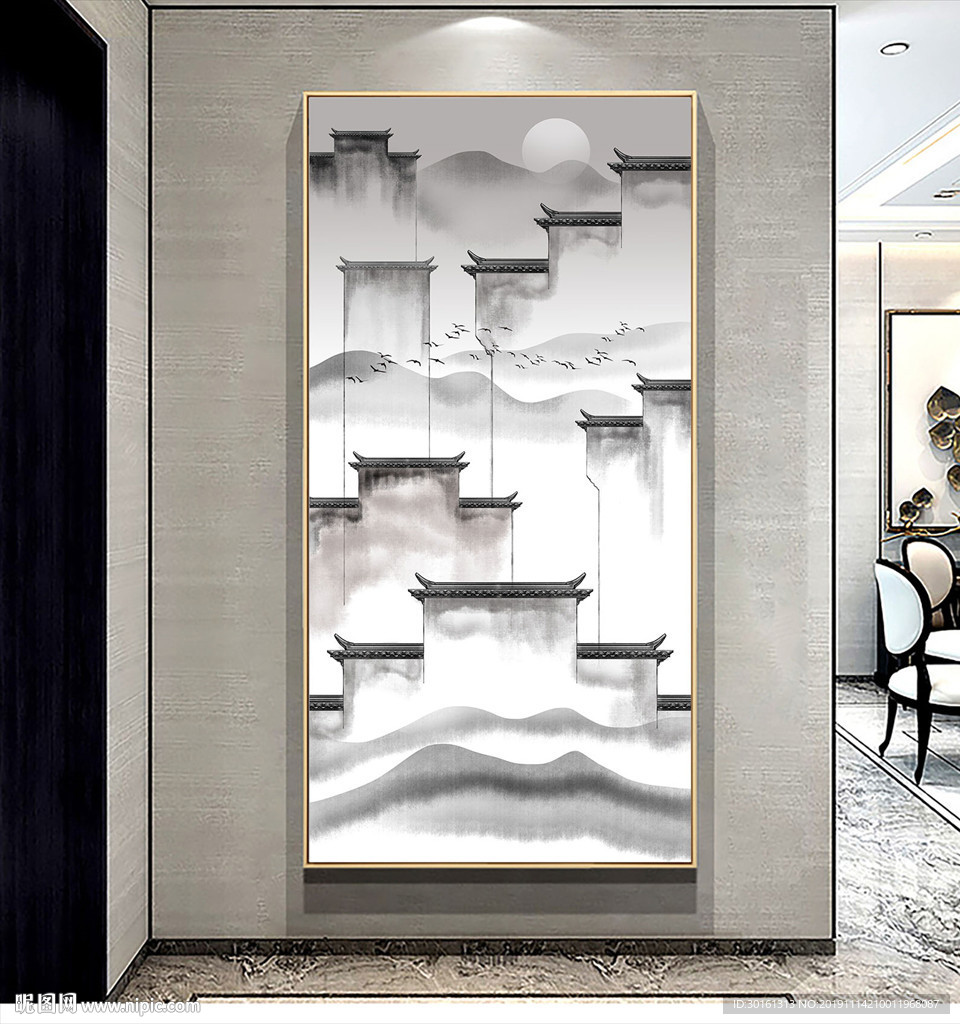 新中式水墨徽派玄关画