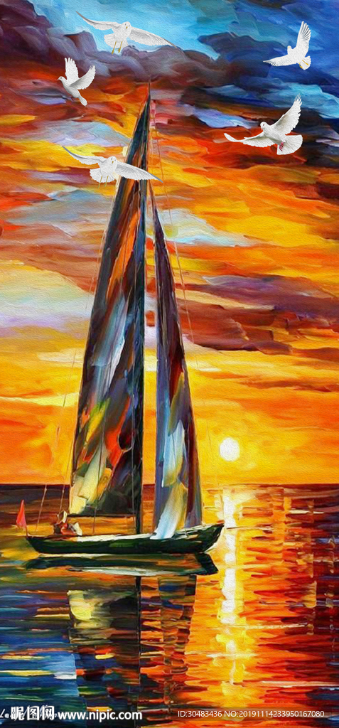 夕阳油画帆船玄关