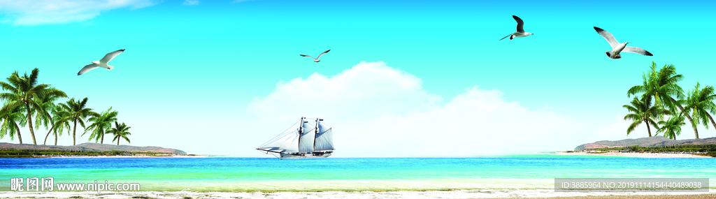 海边风景海水沙滩椰树背景墙图片