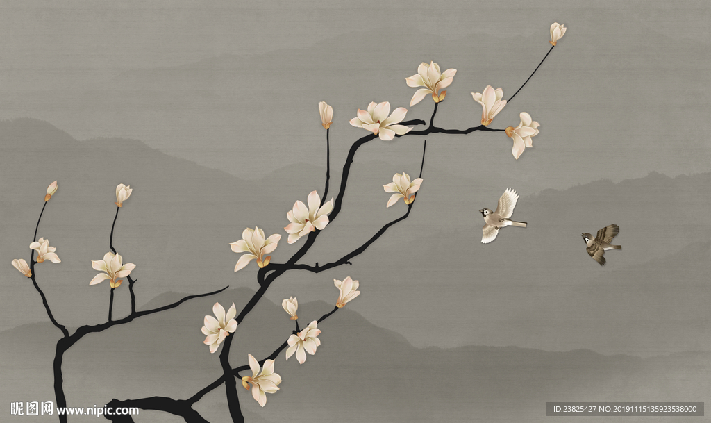 新中式手绘玉兰花鸟电视背景墙