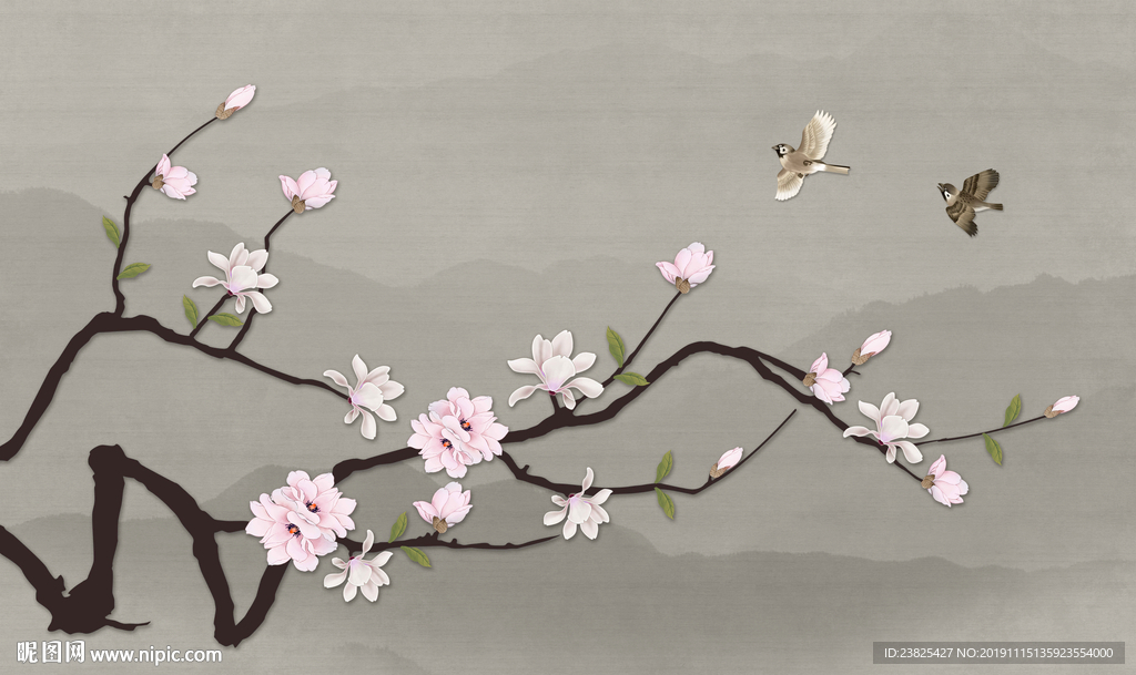 新中式手绘玉兰花鸟电视背景墙