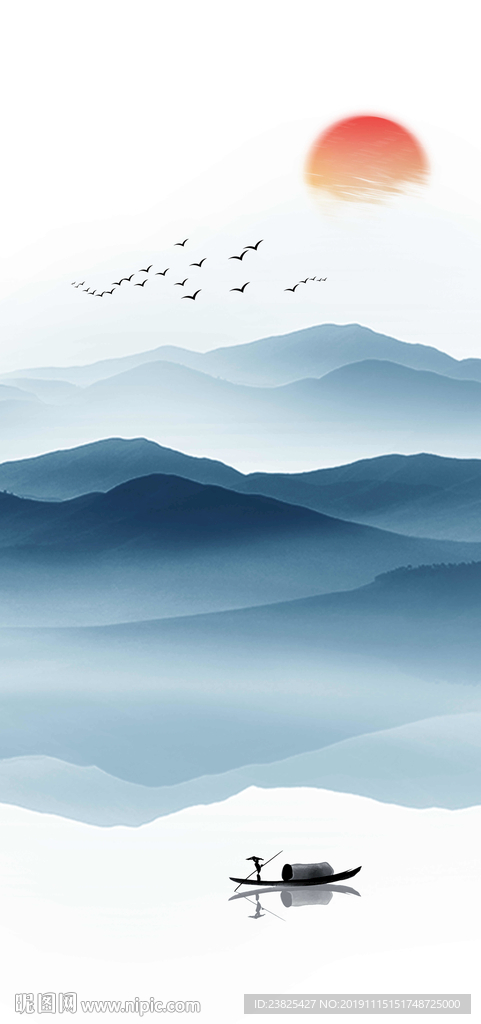 新中式蓝色水墨山水意境装饰画