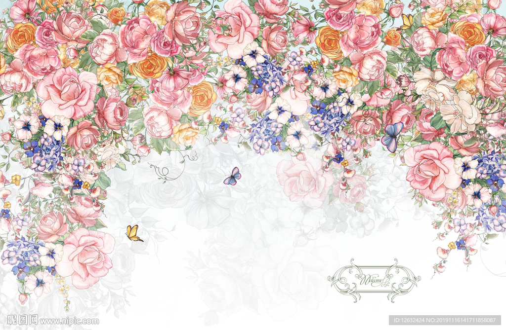 北欧ins手绘田园美式花朵壁画