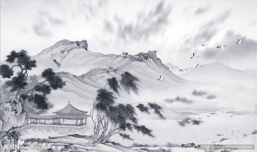 大理石纹山水花日出背景墙九天山