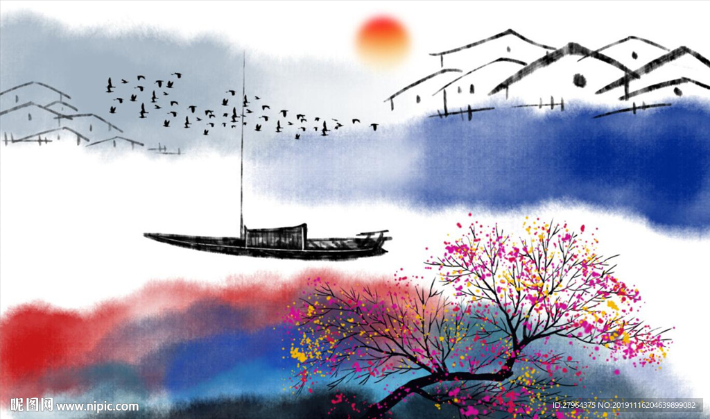 新中式彩色水墨山水画背景墙