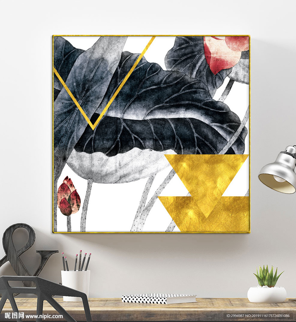 新中式国画水墨金箔荷花装饰画