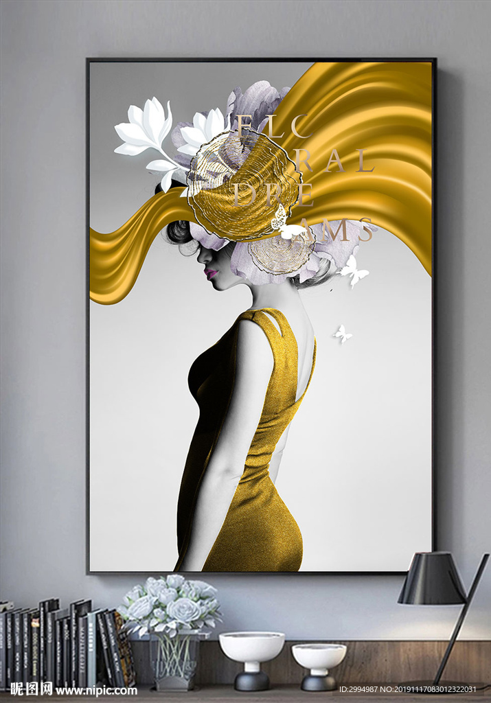 美女金箔线条抽象年轮黑白装饰画