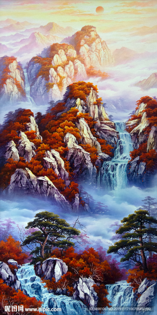 鸿运当头山水瀑布玄关背景墙