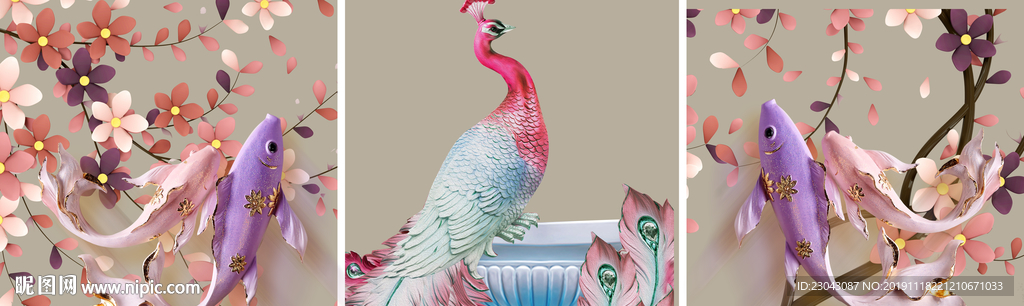 孔雀鲤鱼3D装饰画背景墙