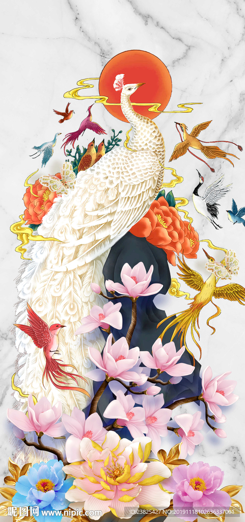 新中式花开富贵玄关背景墙