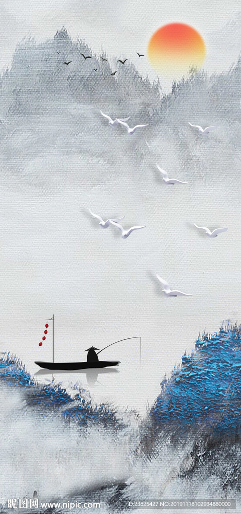 新中式抽象水墨山水意境玄关背景