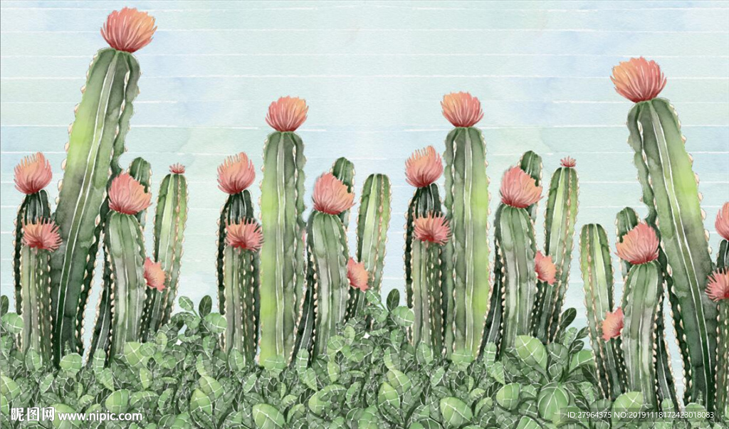 手绘水彩绿色仙人掌花朵背景墙