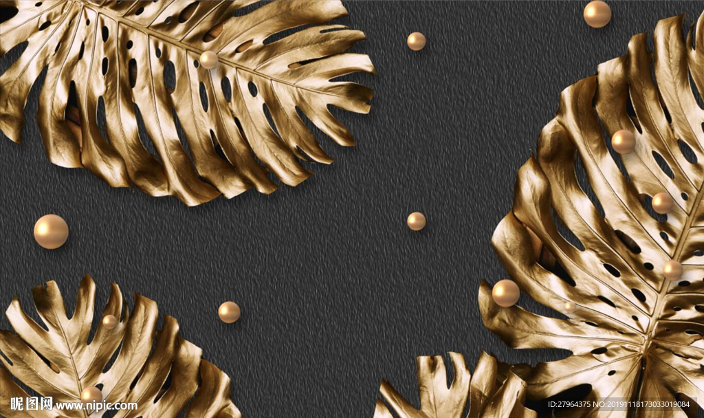 金色叶子浮雕珍珠背景墙