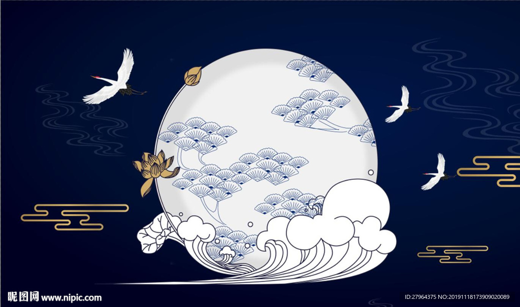 国潮松鹤祥云荷花简洁宝蓝色背景