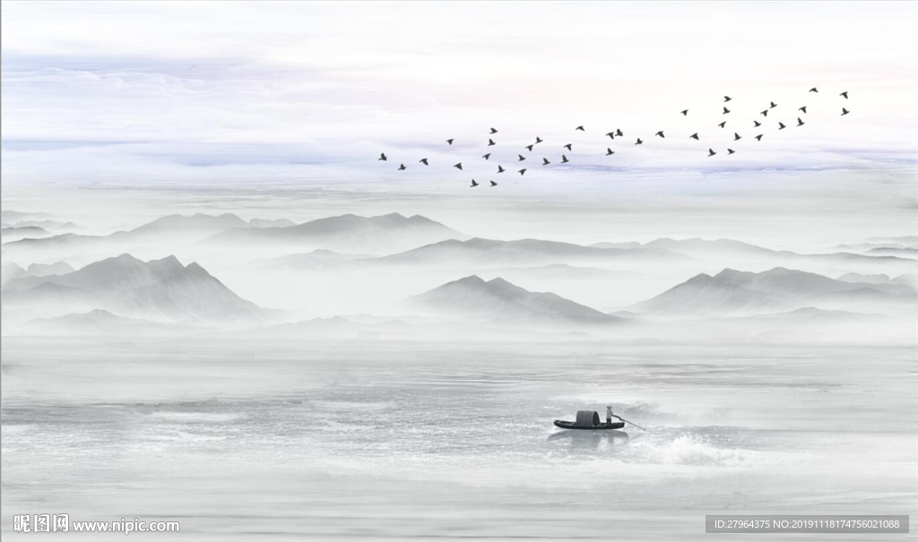 山水花日出背景墙云溪鸟鸣