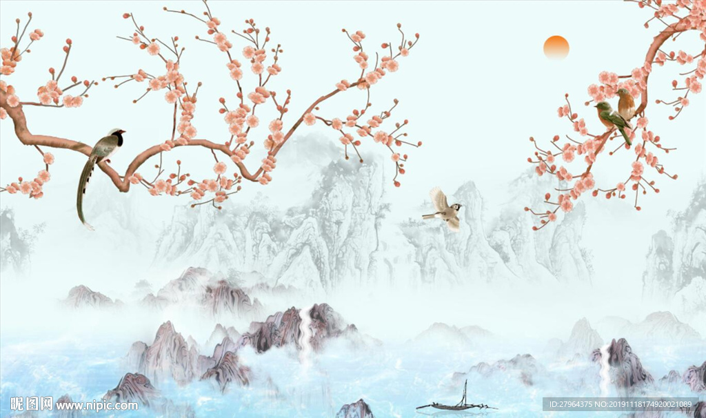 花鸟水墨山水瀑布电视背景墙