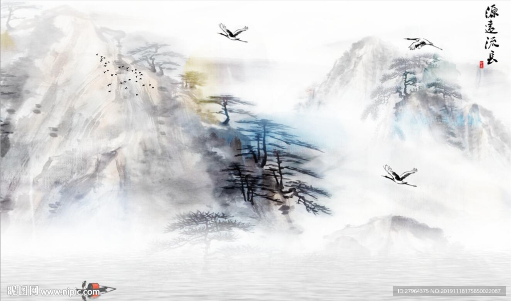 新中式水墨山水仙鹤游电视背景墙