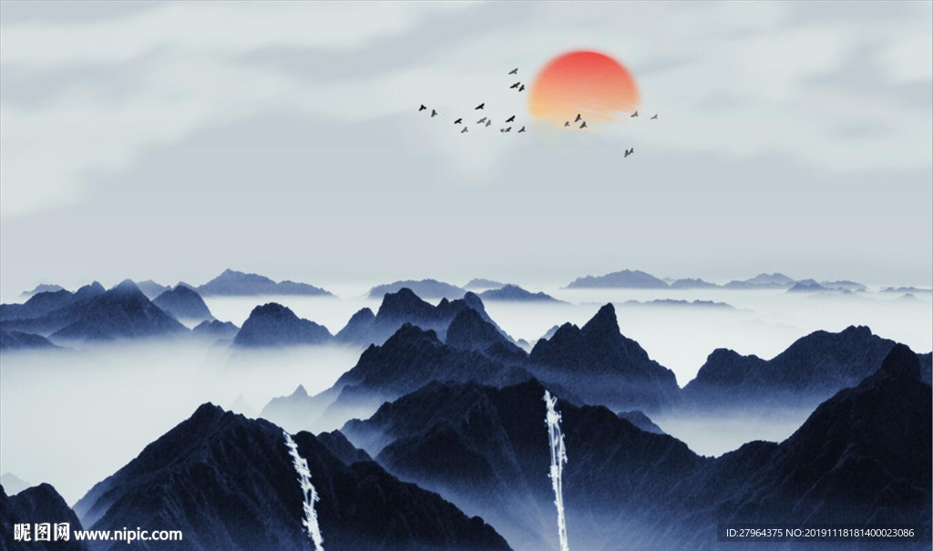 新中式水墨山水情意境背景墙