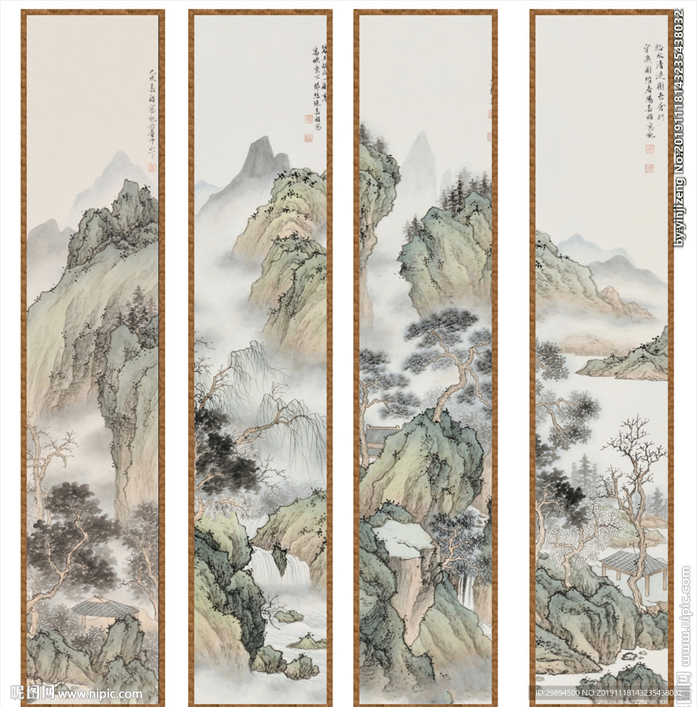 装饰画古典四副竖版山水国画