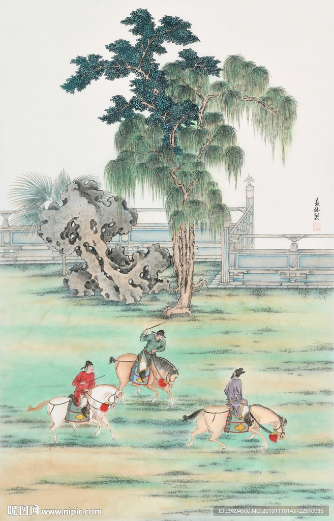 装饰画骑马游玩水墨画古典