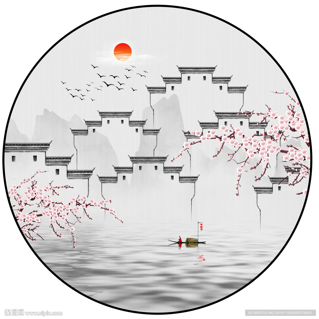 中式徽派江南意境山水圆形装饰画