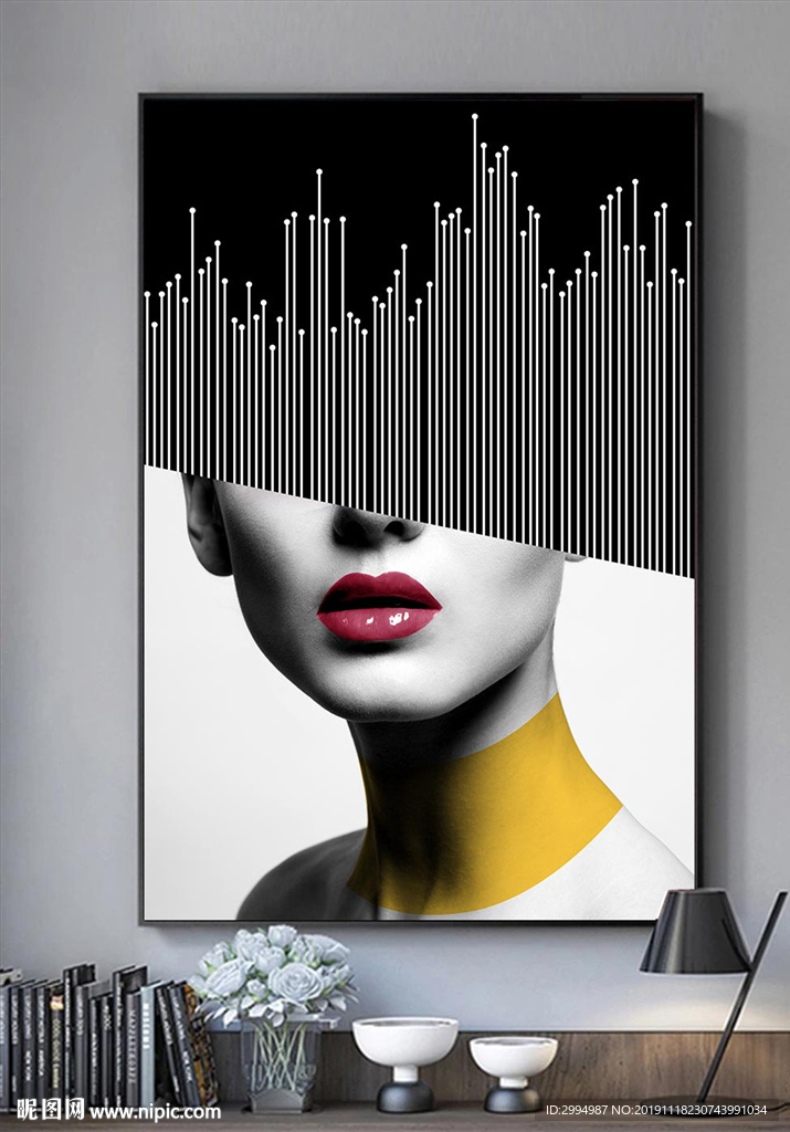 晶贝笔刷美女花朵黑白装饰画