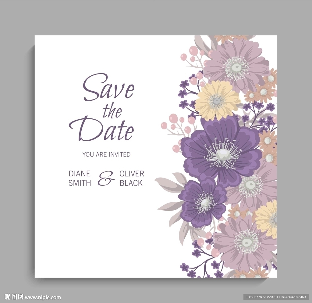 紫色系类花卉婚礼邀请卡