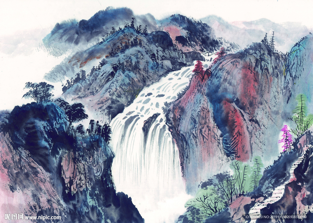 瀑布山水画
