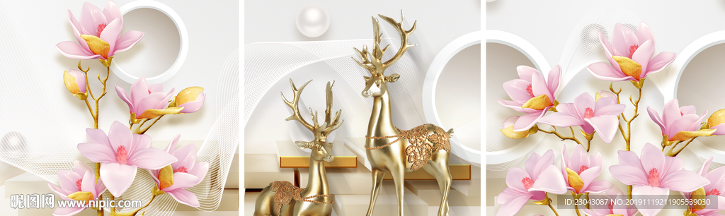 奢抽象发财鹿装饰画三联画