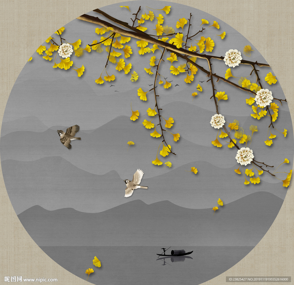 新中式手绘花鸟水墨山水装饰画
