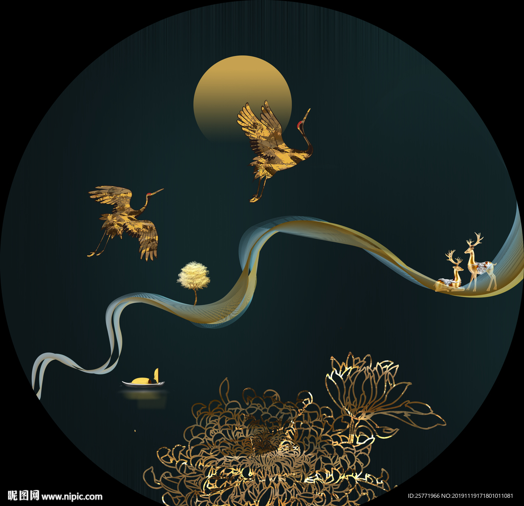 国潮装饰画 仙鹤祥云 麋鹿