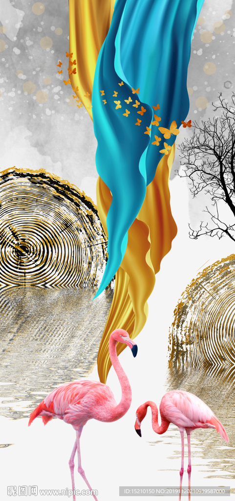 丝绸火烈鸟玄关背景墙