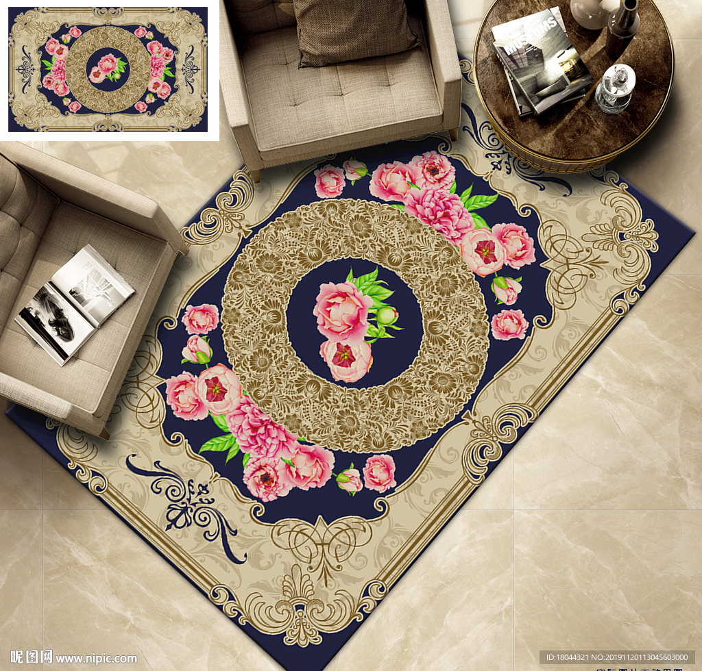 欧式古典花纹边框玫瑰花地毯