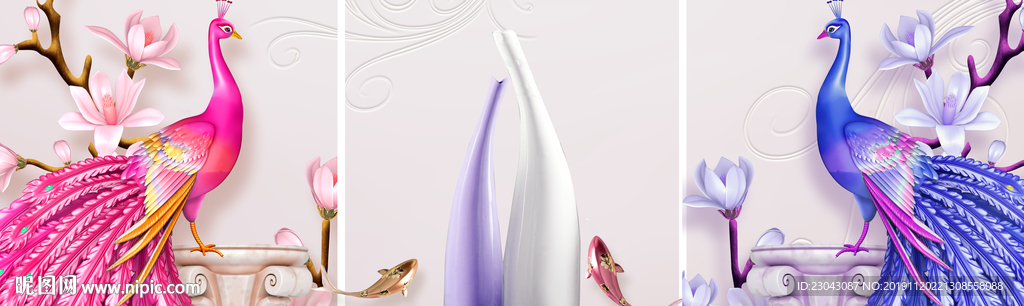 立体浮雕金色孔雀花瓶三联装饰画