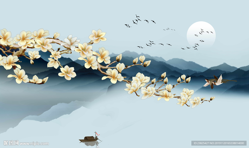 新中式抽象水墨山水电视背景墙