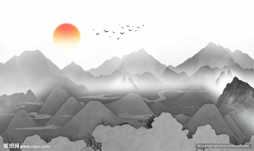 新中式抽象水墨山水意境电视背景