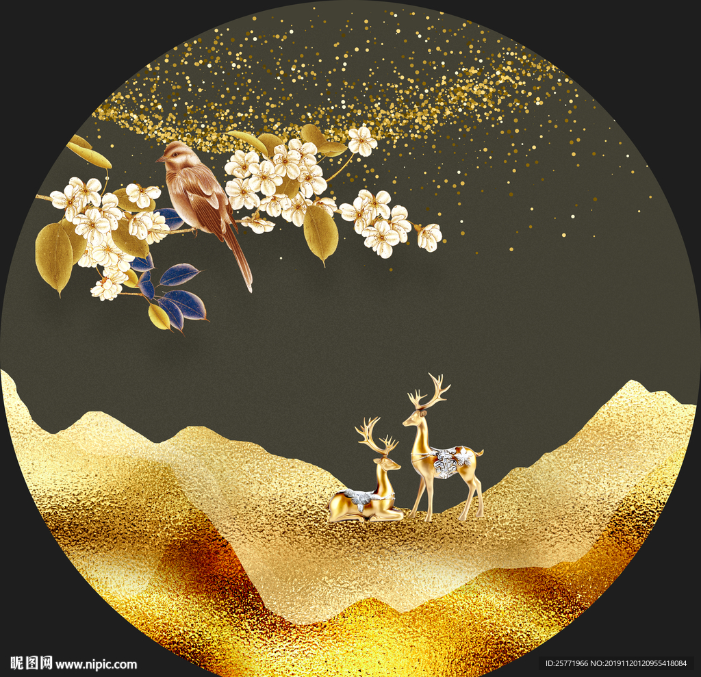 新中式山水麋鹿意境装饰画
