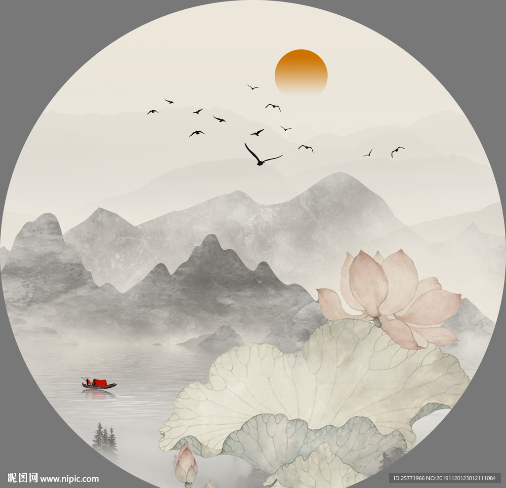 荷花装饰画 圆形荷花装饰画