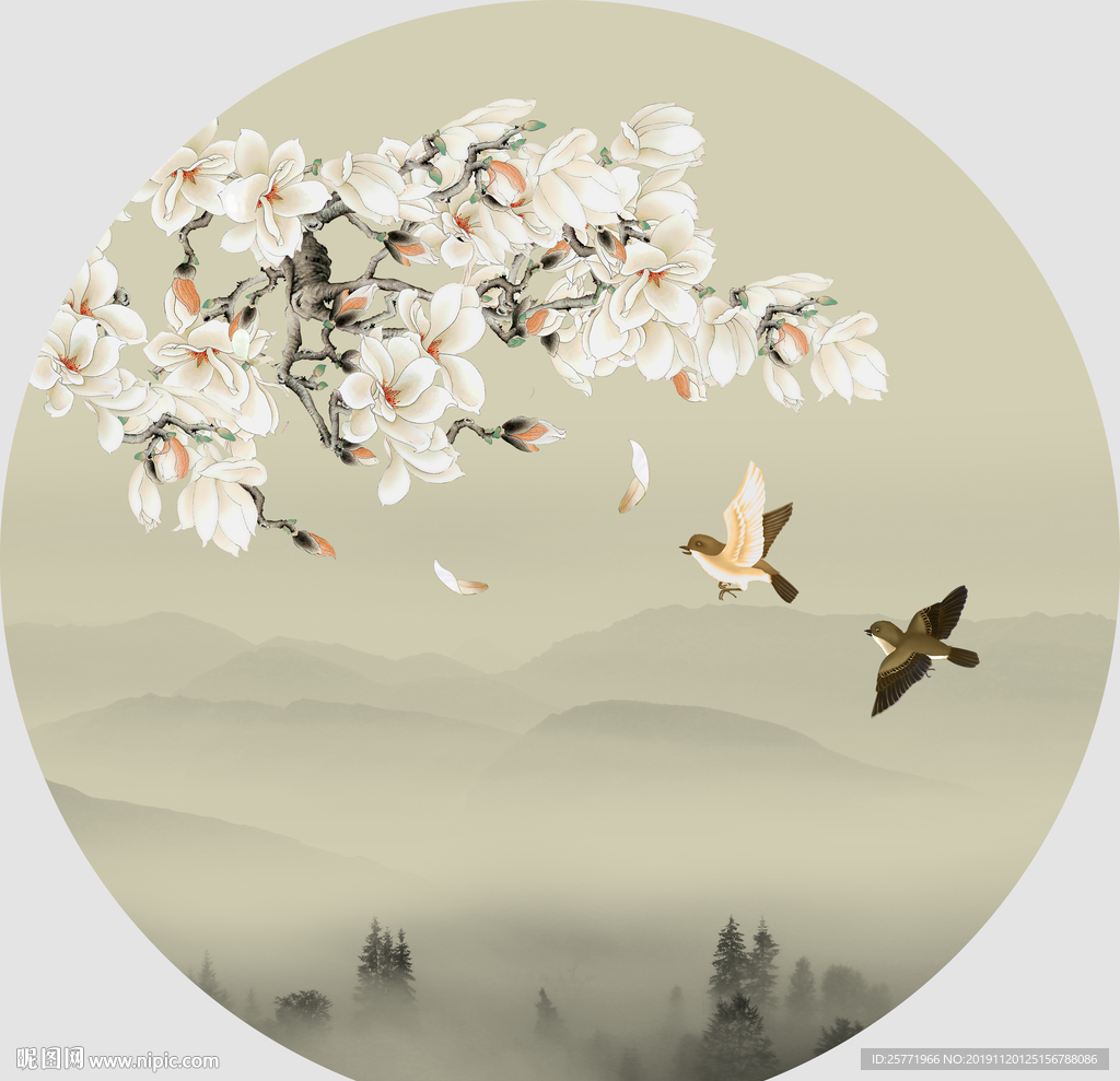 银杏玉兰花鸟画装饰画