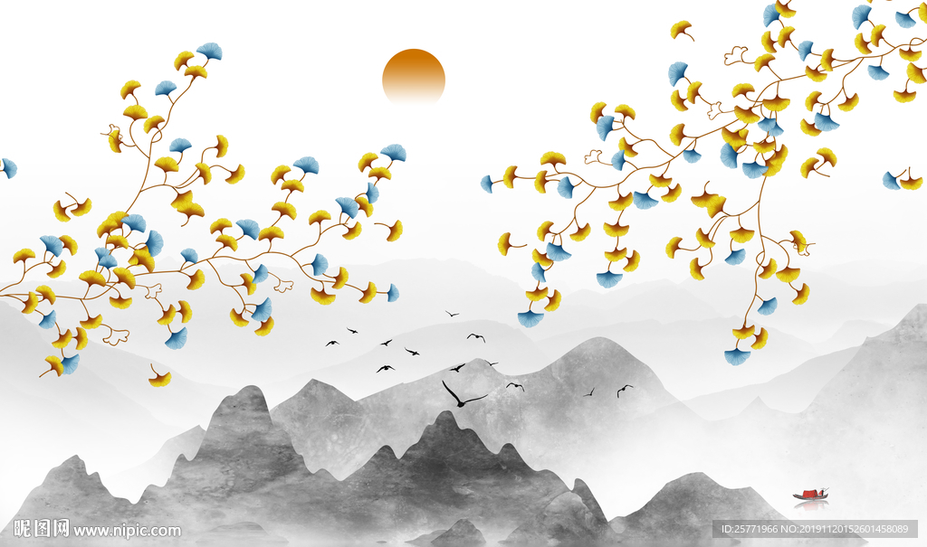 新中式手绘花鸟银杏背景墙