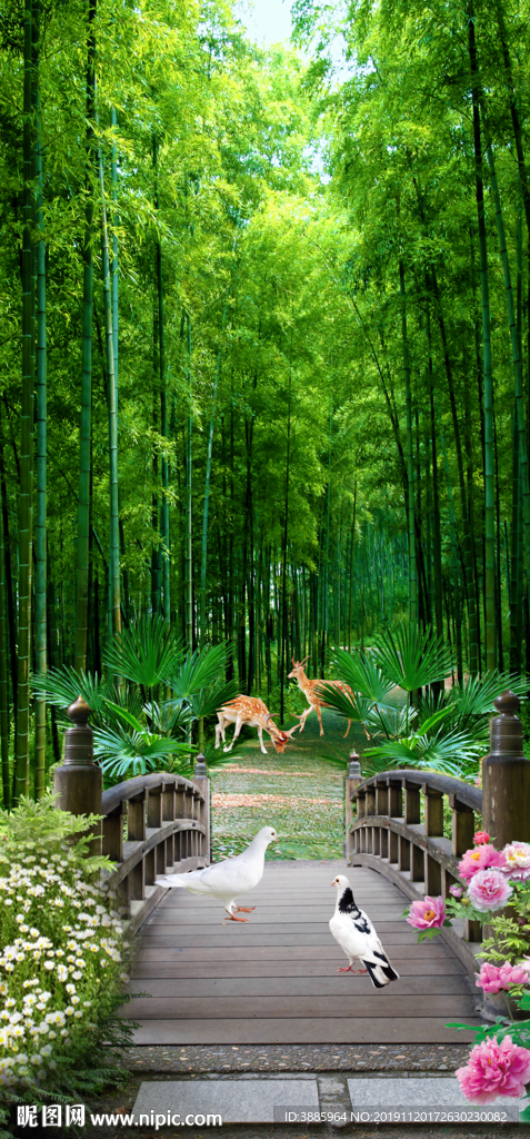 清新简约绿色竹林木桥玄关背景图